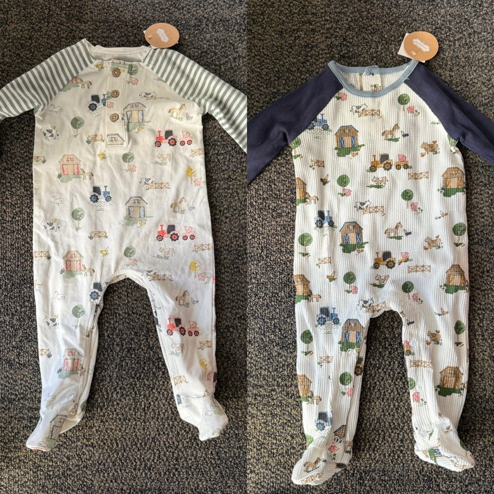 NWT- BUNDLE of 2 Mud Pie long sleeved farm theme footie outfits, 3-6 months